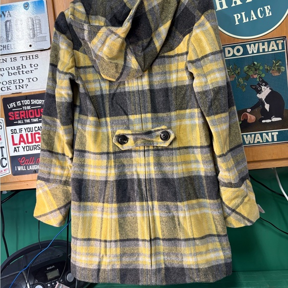 Vibrant Yellow Plaid Double-Breasted Pea Coat - Picture 11 of 15